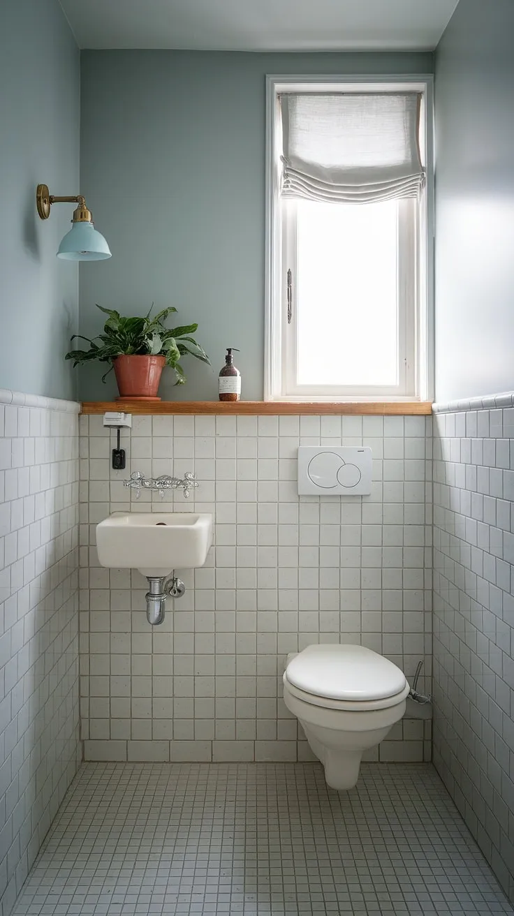 Serene Scandinavian style meets unexpected glamour in this powder room. The light blue walls, white tile floor, and simple wooden shelf create a calming atmosphere, while the elegant wall lamp and carefully chosen plant add a touch of sophisticated luxury. A perfect blend of minimalist design and refined detail.