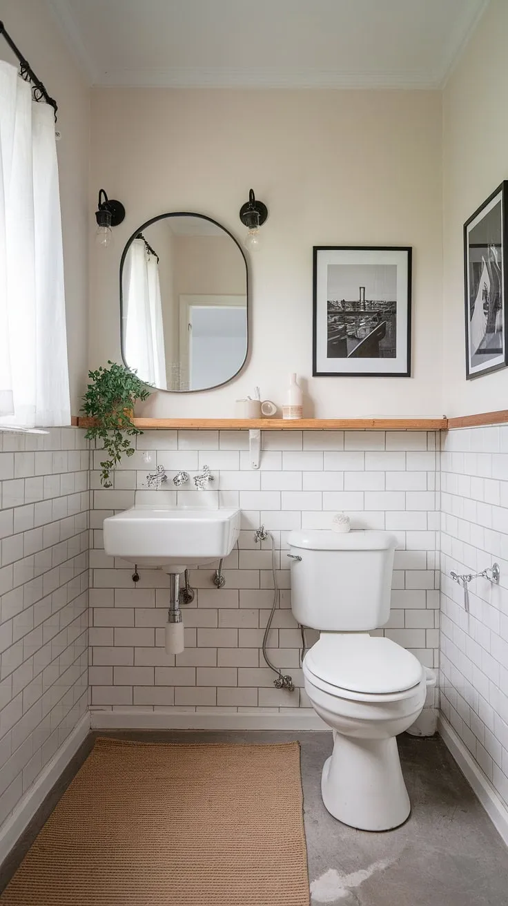 Serene Scandinavian simplicity. The minimalist design of this powder room, with its clean white fixtures and warm wood accents, creates a tranquil escape. A small plant adds a touch of life, while black and white photos lend a touch of personality. The soft beige rug underfoot completes the calming atmosphere.