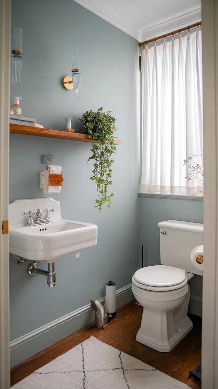 Serene Scandinavian style meets glamorous sophistication in this powder room. The soft blue walls, plush white rug, and carefully chosen details create a space that's both calming and luxurious. A touch of nature, courtesy of the potted plant, adds a refreshing element to this exquisitely designed retreat.