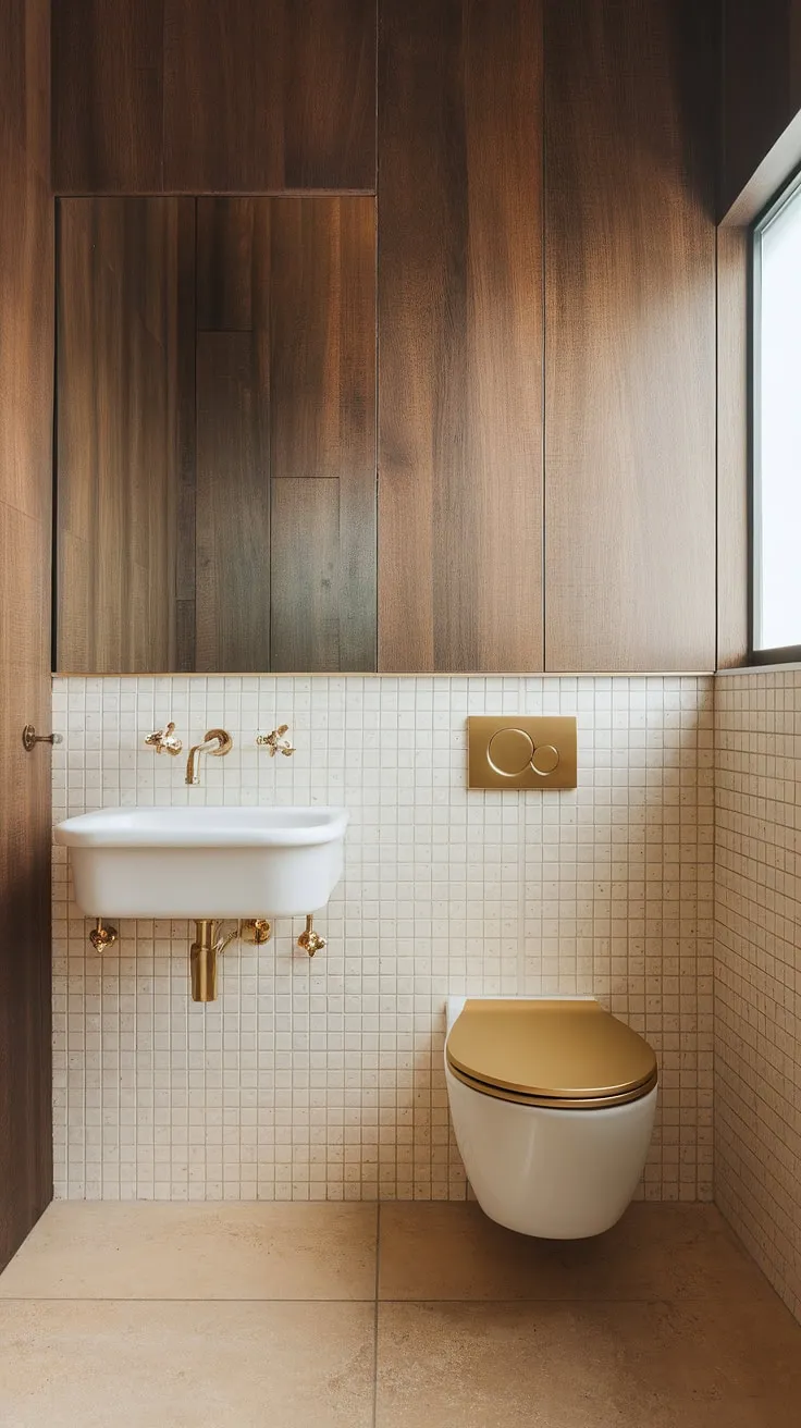 Warm light bathes this serene Scandinavian powder room, where the minimalist design of the white sink and gold faucet complements the elegant white toilet with its gold-toned lid. The subtle wood paneling and beige tile flooring create a calming atmosphere, perfect for a moment of quiet reflection. A small window lets in natural light, completing this tranquil space.