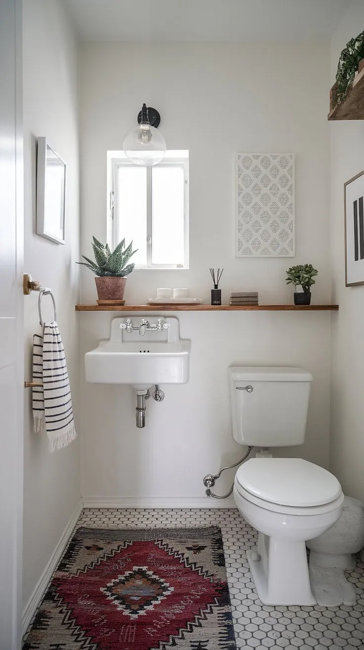 Serene Scandinavian simplicity. The minimalist design of this powder room, with its integrated sink and toilet, creates a space of calm and understated elegance. A small window lets in natural light, complementing the warm wood accents and patterned rug. A perfect blend of functionality and style.