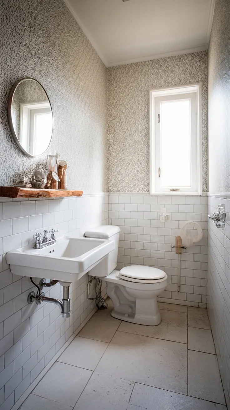 A minimalist powder room, showcasing the beauty of Scandinavian design. The pale tile floor, white sanitaryware, and simple wooden accents create a bright and airy space. A touch of pattern on the wall adds a hint of personality, making it a functional yet stylish addition to any home.