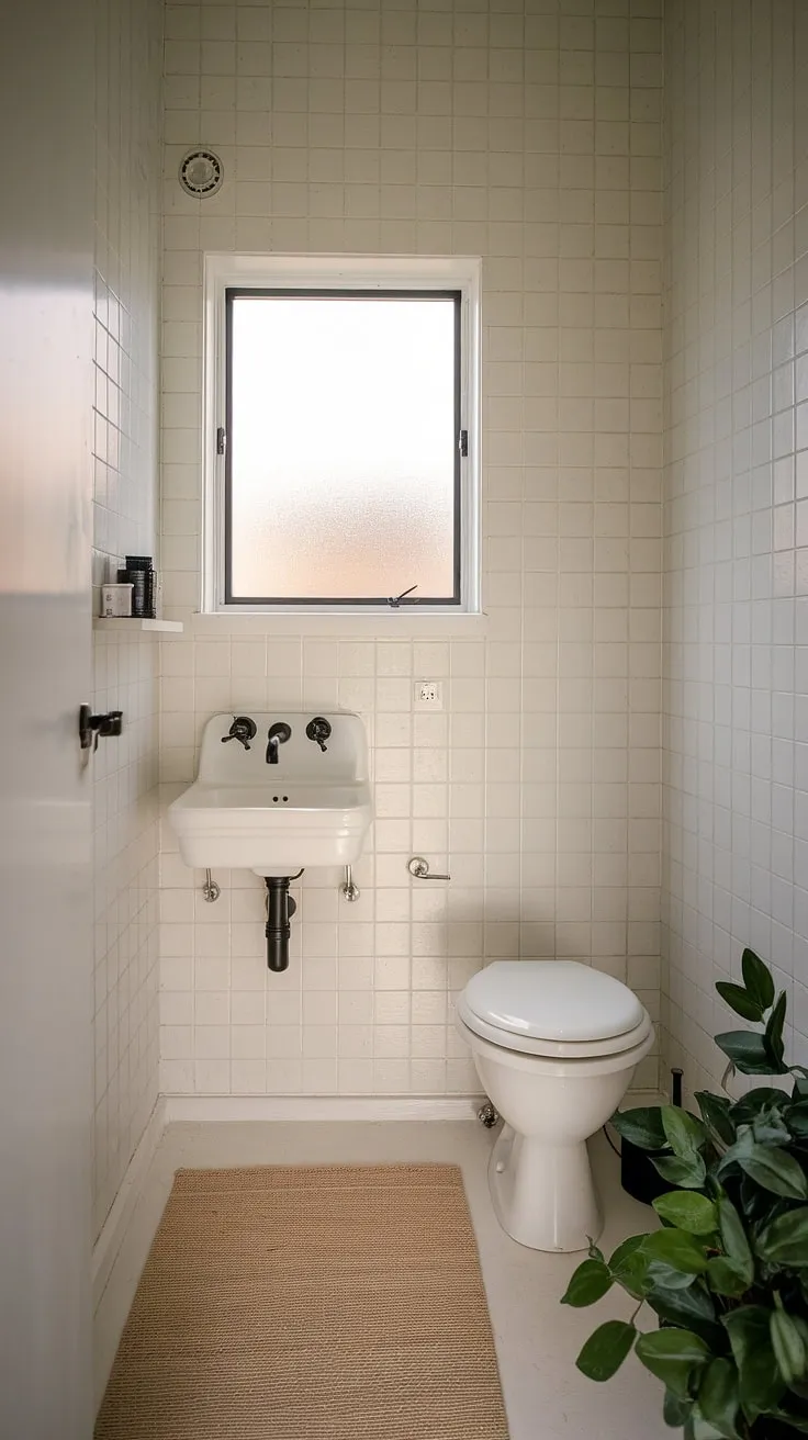 Serene Scandinavian simplicity. The minimalist design of this powder room, with its crisp white fixtures and soft natural light filtering through the frosted glass window, creates a tranquil escape. A small potted plant adds a touch of life, while the black accents provide a sophisticated contrast. A perfect blend of functionality and understated elegance.
