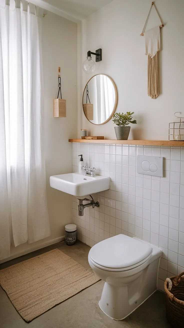 Clean lines and calming neutrals define this powder room. The integrated sink and toilet maximize space, while the wooden shelf and small plant introduce warmth and personality, creating a tranquil retreat.