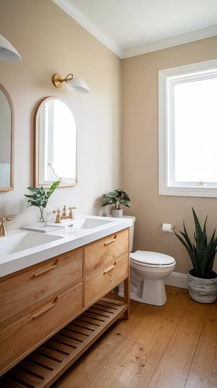 Serene Scandinavian sanctuary. The soft beige walls and light wood floors create a calming atmosphere, perfectly complemented by the double vanity and ample natural light streaming in from the window. A touch of nature is added with the potted plant, completing this minimalist yet inviting powder room.
