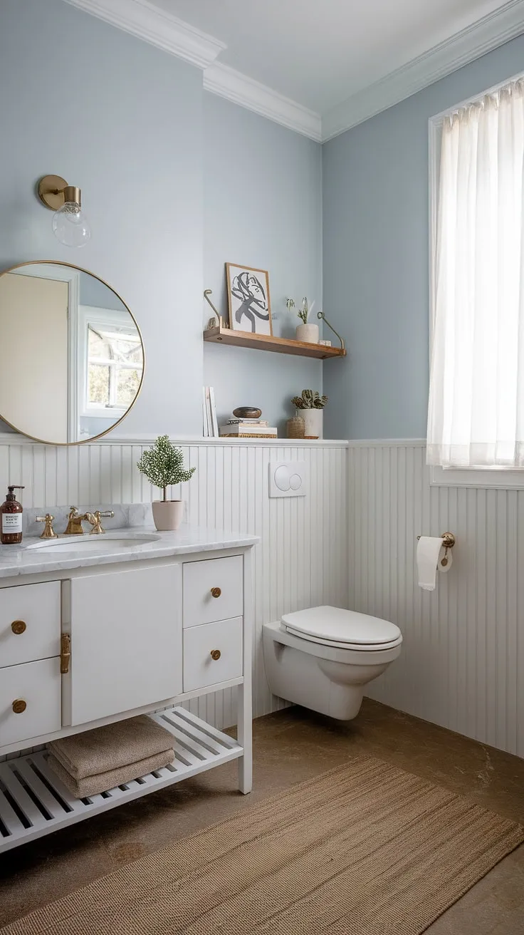 Serene Scandinavian style in this powder room. The light blue walls and marble countertop create a calming atmosphere, perfectly complemented by the minimalist design and a touch of greenery. A perfect blend of functionality and understated elegance.