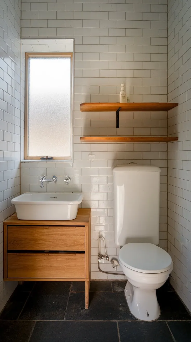 Serene Scandinavian simplicity. The clean lines of the white sink and toilet, nestled within the warm wood, create a tranquil powder room, perfectly complemented by the dark tile floor and frosted glass window. A minimalist haven for quiet contemplation.