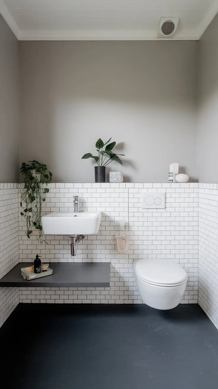 Clean lines and understated elegance define this powder room. The light grey walls and dark grey floor create a sophisticated backdrop for the white sanitaryware, while a small potted plant introduces a welcome element of nature. A perfect example of less is more.