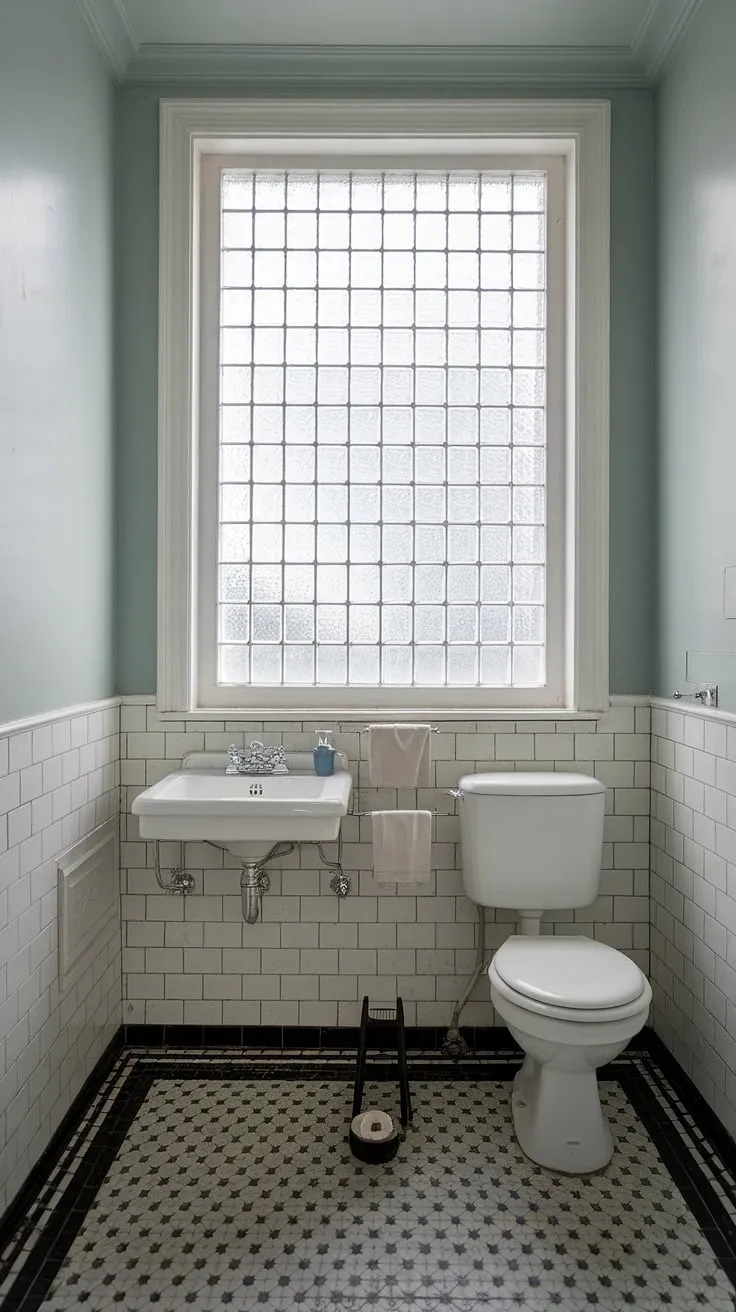 Serene Scandinavian style meets practical design in this powder room. The light blue walls, black and white checkered floor, and frosted glass window create a calming atmosphere, while the efficient layout maximizes space. A simple towel rack adds a touch of understated elegance.