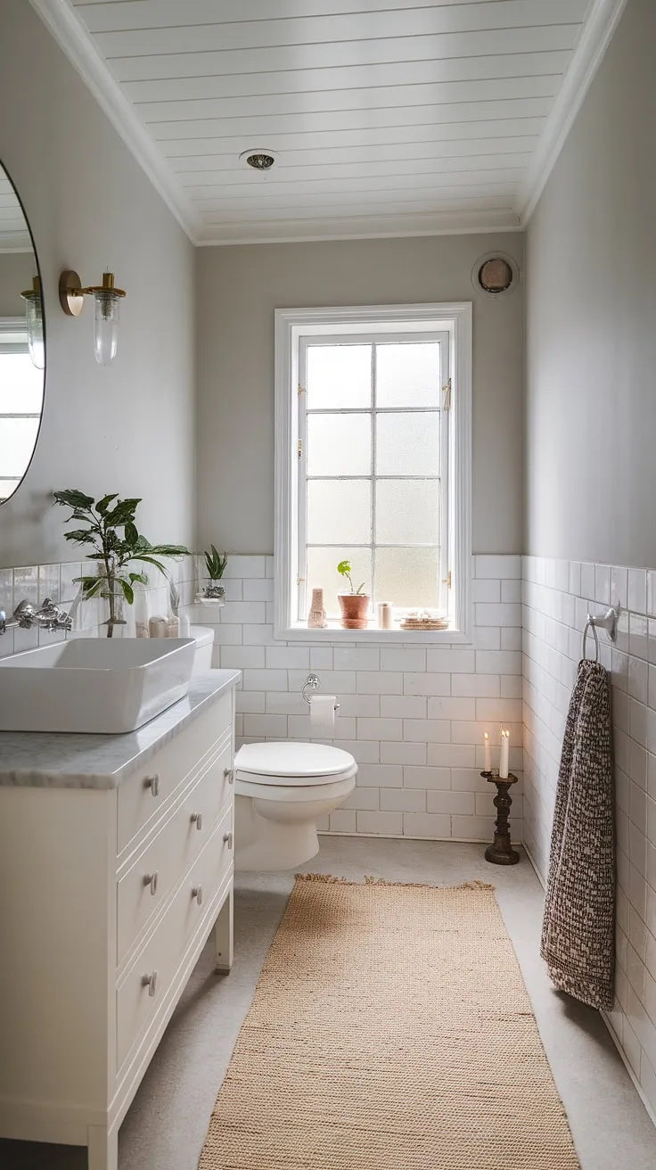 This compact powder room proves that less is more. The clean lines of the white fixtures, the subtle grey walls, and the textural beige rug create a sophisticated and inviting space. The frosted window and simple decor add a touch of warmth and personality. A study in understated Scandinavian style.