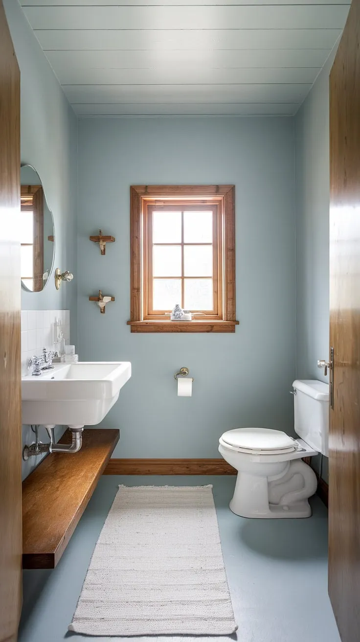 A minimalist haven of calm. This powder room's understated elegance is achieved through a thoughtful blend of textures and colors. The light blue walls, white sanitaryware, and warm wood shelf create a space that's both functional and aesthetically pleasing. A quiet sanctuary for a moment's peace.