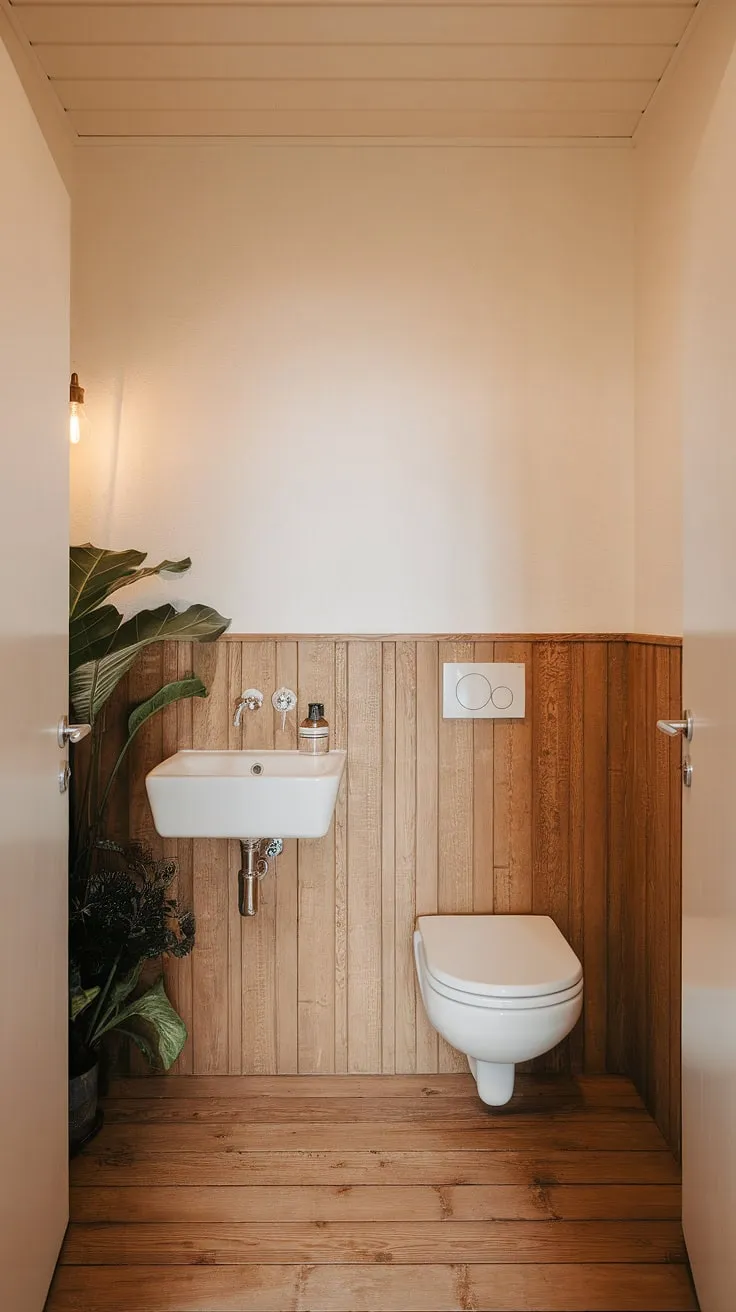 A perfectly appointed powder room showcasing Scandinavian design at its finest. The integrated sink and toilet, coupled with the natural wood elements and a touch of greenery, create a space that is both functional and aesthetically pleasing. A haven of tranquility.