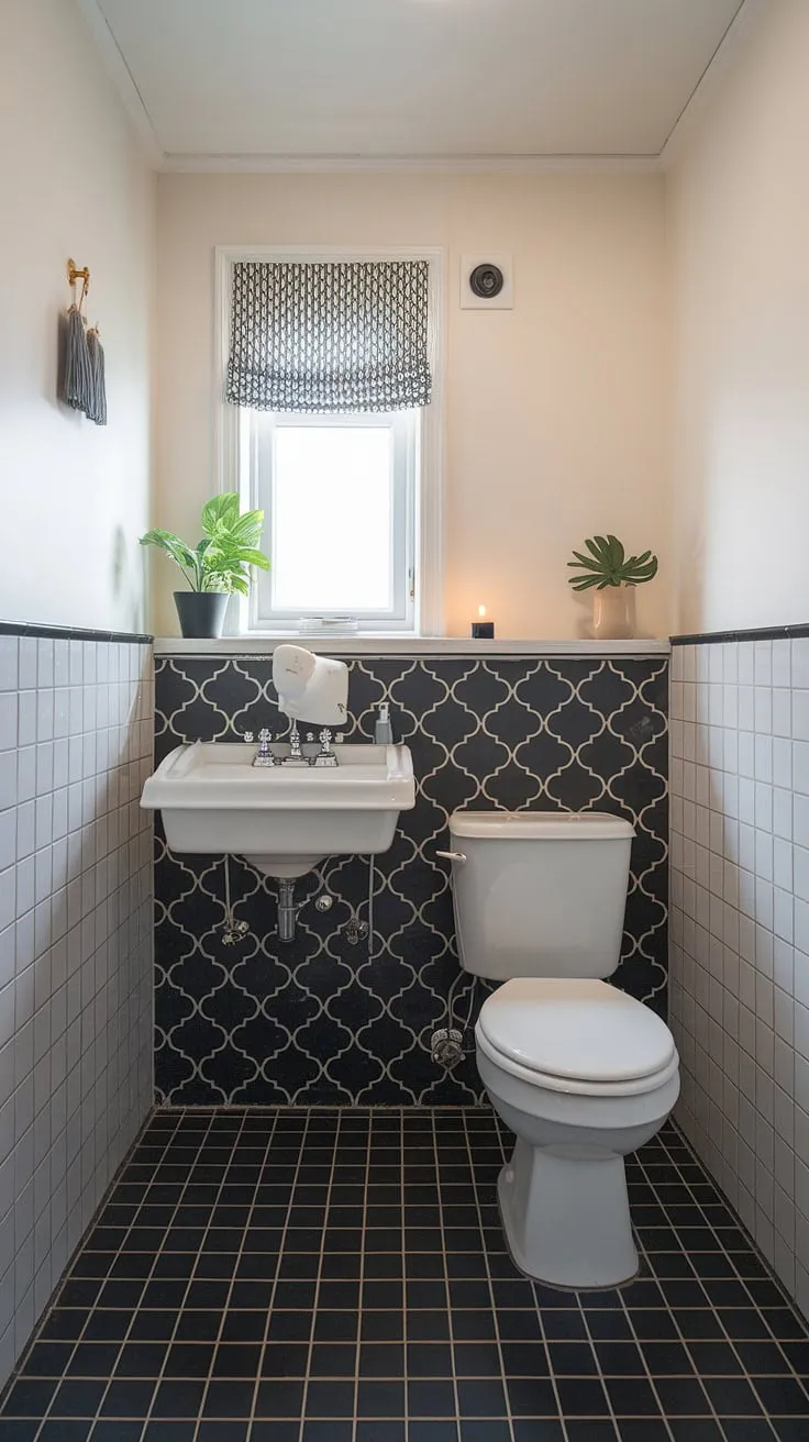 Serene Scandinavian style in this powder room. The black geometric wallpaper adds a touch of modern sophistication against the crisp white fixtures, perfectly complemented by the black and white checkered floor. A small window, dressed with a patterned curtain, lets in soft natural light, creating a tranquil and inviting space. A simple plant and candle add warmth to this minimalist haven.