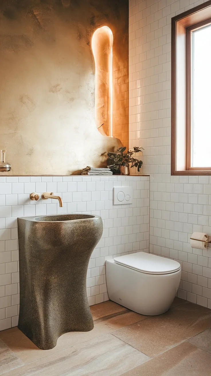 A minimalist haven of sophisticated style. This powder room effortlessly blends Scandinavian simplicity with a touch of glamour, showcasing a unique curved sink, brass fixtures, and modern square toilet. The warm lighting and subtle plant create a tranquil atmosphere.