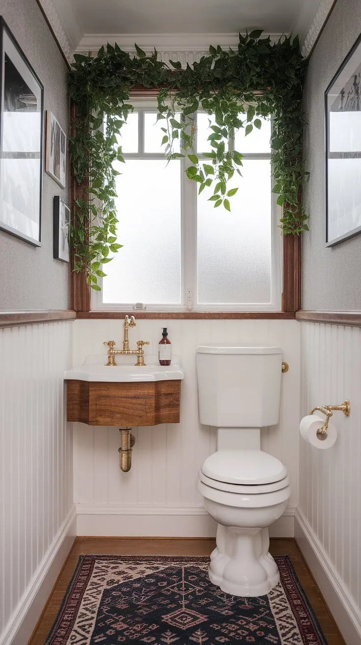 Scandinavian simplicity meets glamorous detail in this powder room. The brass faucet and curved toilet add a touch of luxe, while the wood and white palette maintain a clean, airy feel. A small space, perfectly styled.