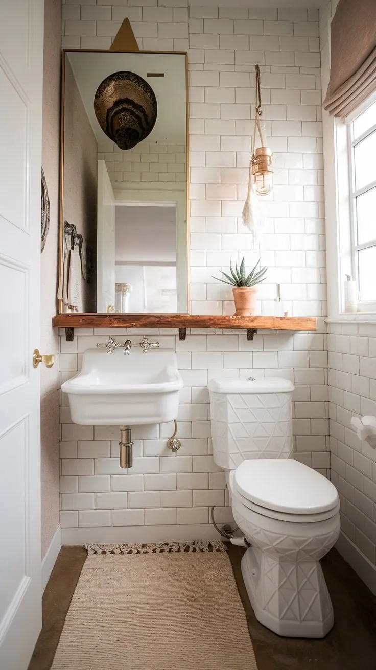 Subtle elegance reigns in this powder room, where clean lines and a calming palette are elevated by unexpected geometric details. The floating sink and curated accessories create a space that's both functional and utterly captivating. A sanctuary of understated luxury.