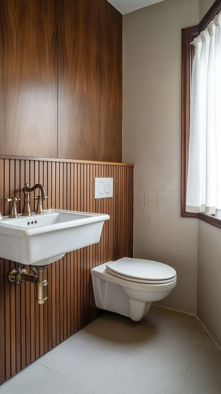 Serene Scandinavian simplicity: A minimalist powder room, bathed in soft light, showcases the clean lines of a white sink and toilet, accented by a warm brass faucet and a subtle wood panel detail. The grey tile floor and sheer window curtain complete the tranquil atmosphere. A sense of calm pervades this perfectly appointed space.
