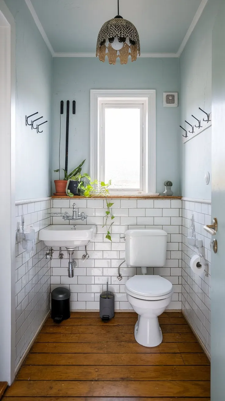 Serene Scandinavian simplicity. The soft blue walls, natural wood floors, and minimalist fixtures create a calming powder room retreat. A perfect blend of functionality and understated elegance.