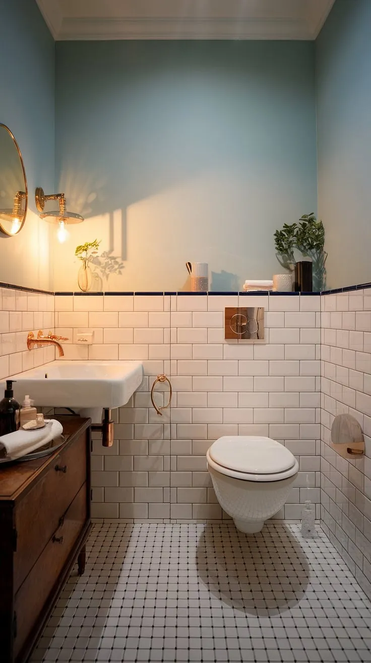 A powder room perfectly balanced: Scandinavian serenity meets glamorous indulgence. The unique toilet design and rich copper accents elevate this small space, showcasing how impactful even subtle details can be. A stunning example of how to maximize style in a minimal footprint.