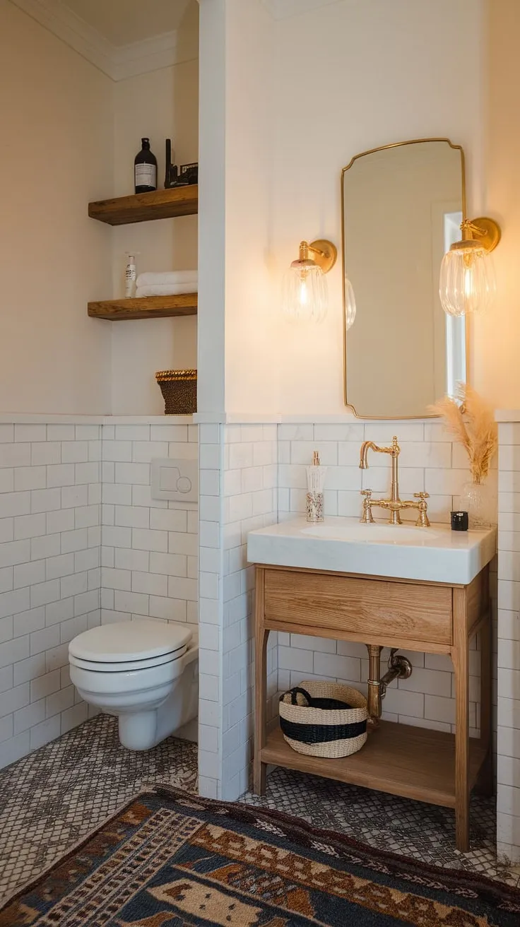 Small space, grand style. This Scandinavian powder room proves that luxury and functionality can coexist beautifully, showcasing a sophisticated blend of warm wood tones, brass accents, and a cleverly concealed toilet. The patterned rug adds a touch of playful personality.