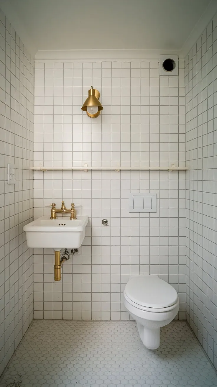 A haven of understated luxury. This compact powder room showcases the beauty of Scandinavian design, with its clean lines, white palette, and subtle gold detailing. A testament to how less can truly be more.