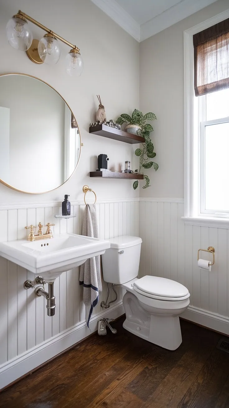 Scandinavian simplicity meets glamorous indulgence in this powder room. The dark wood floor contrasts beautifully with the crisp white fixtures, while the round mirror and carefully chosen accents add a touch of luxe. A perfect blend of minimalist design and sophisticated style.