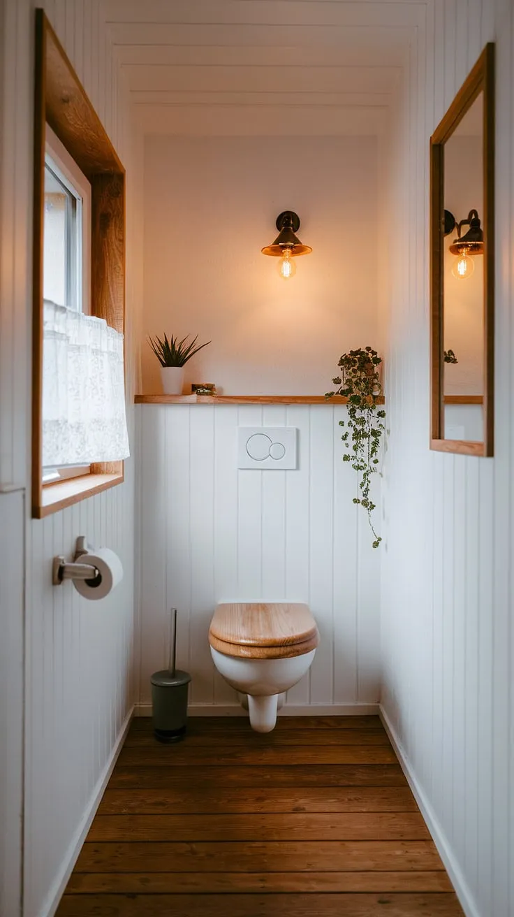 Warmth and simplicity meet in this Scandinavian-style bathroom. The natural wood of the toilet and shelf, complemented by the soft light and a touch of greenery, create a serene and inviting space. A perfect example of minimalist design at its finest.
