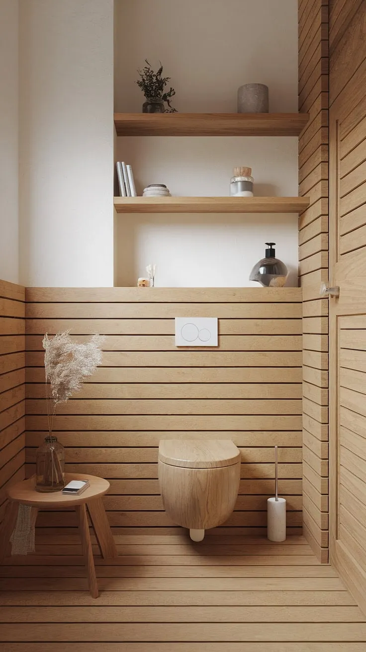 This Scandinavian-inspired bathroom is a masterclass in minimalist design. The natural wood, from the walls to the unique toilet, creates a calming atmosphere. A space designed for relaxation and mindful moments, showcasing the beauty of simplicity. A haven of peace.