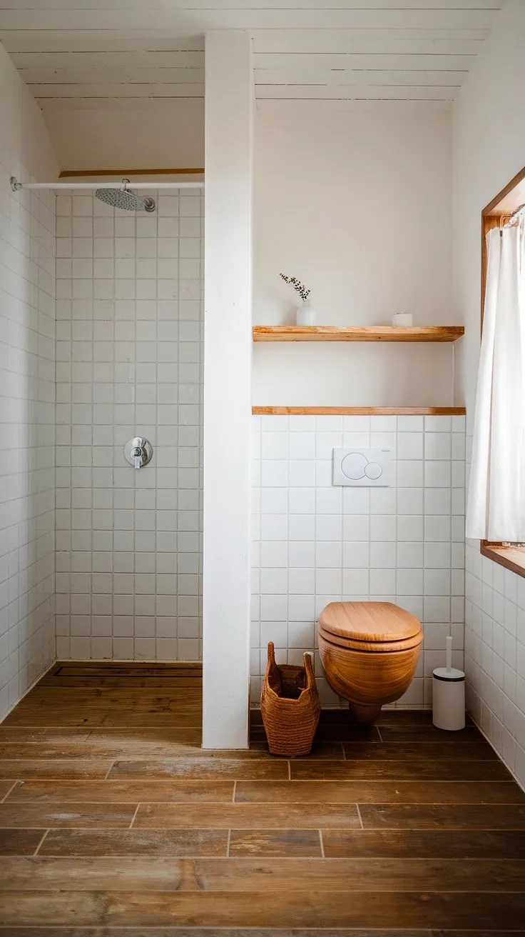 Find your calm in this minimalist Scandinavian bathroom. The natural wood of the toilet and shelf, the simple shower, and the light-filled space combine to create a peaceful atmosphere. A testament to understated elegance and functional design. A space designed for mindful moments.
