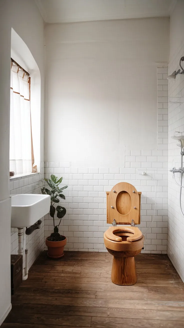 Find your sanctuary in this exquisitely designed bathroom. The wooden toilet, a statement piece, blends seamlessly with the white walls and wooden flooring, reflecting a commitment to both functionality and aesthetic appeal. A perfect blend of nature and modern design.