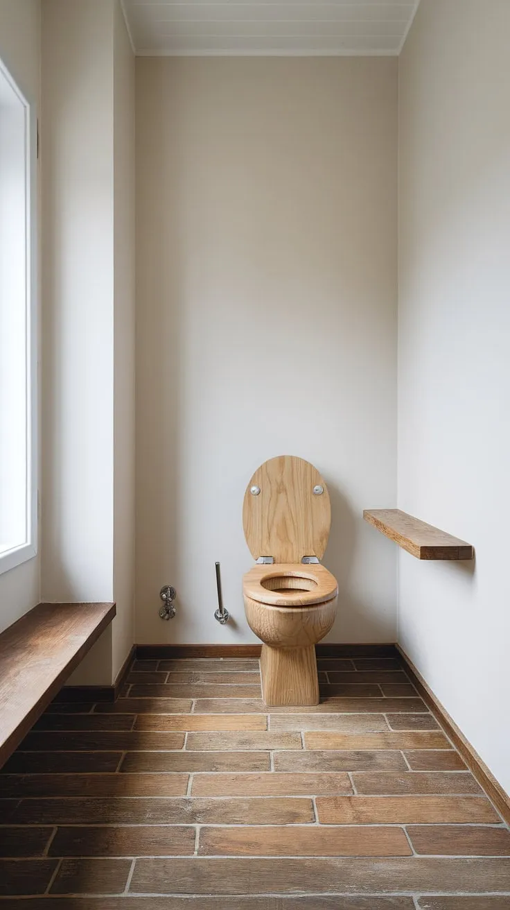 This Scandinavian-inspired bathroom showcases the beauty of understated design. A wooden toilet, a small shelf, and light-filled space combine to create a haven of tranquility. A perfect example of less is more.