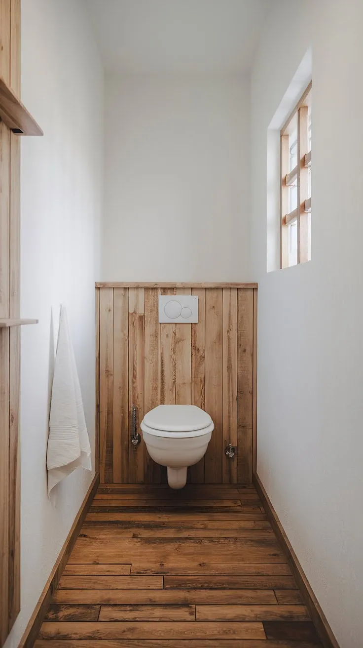 Simple Scandinavian serenity. The warmth of the wooden toilet and flooring contrasts beautifully with the crisp white walls, creating a minimalist haven for quiet contemplation. A perfect blend of rustic charm and modern functionality.