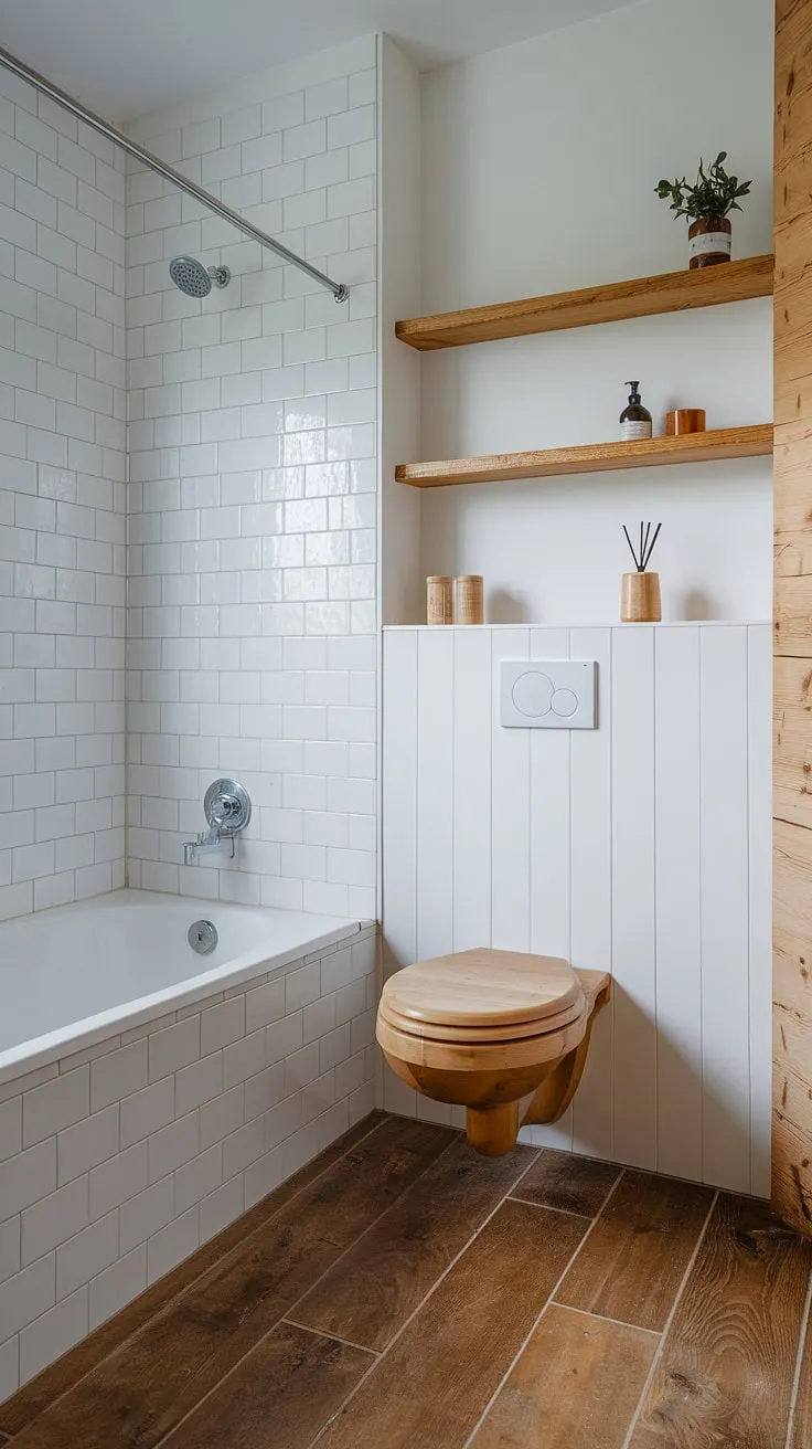 Find your sanctuary in this minimalist Scandinavian bathroom. The warm wood of the toilet and shelf, paired with the crisp white tub and flooring, creates a serene cabin-like escape. A perfect blend of rustic charm and modern simplicity. A truly tranquil space.