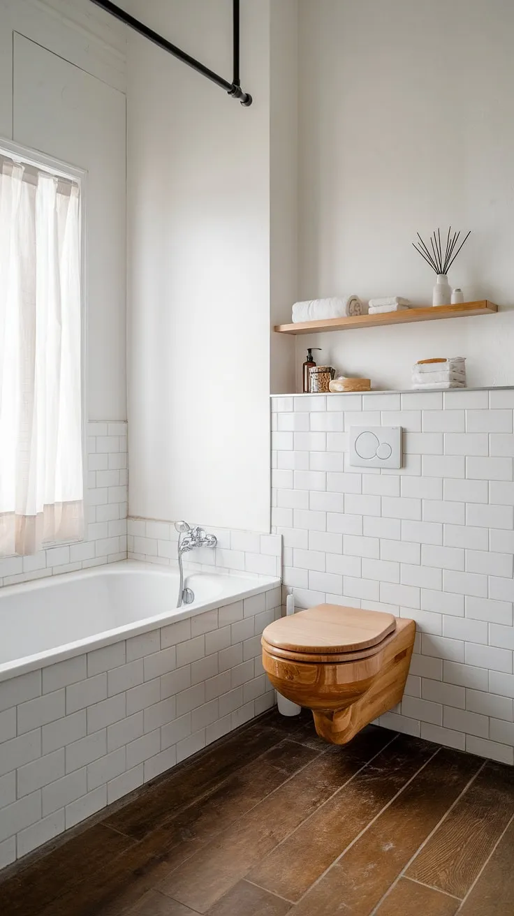 Find your sanctuary in this minimalist bathroom. The warm tones of the wooden toilet and shelf contrast beautifully with the crisp white walls and bathtub, creating a space of pure tranquility. A window lets in natural light, completing this haven of calm.