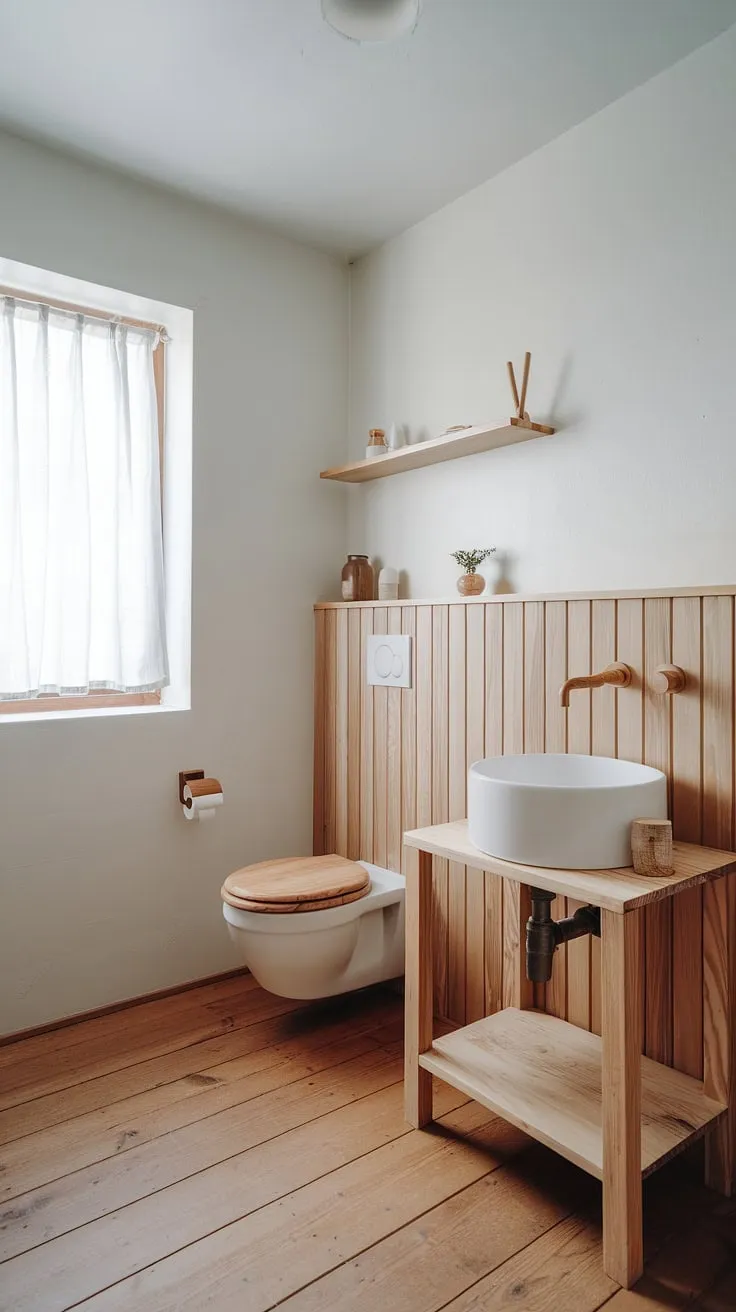 Clean lines and natural warmth define this Scandinavian-inspired bathroom. The wooden accents, from the floor to the shelf above the toilet, create a calming and inviting atmosphere. A perfect blend of minimalist design and organic materials.