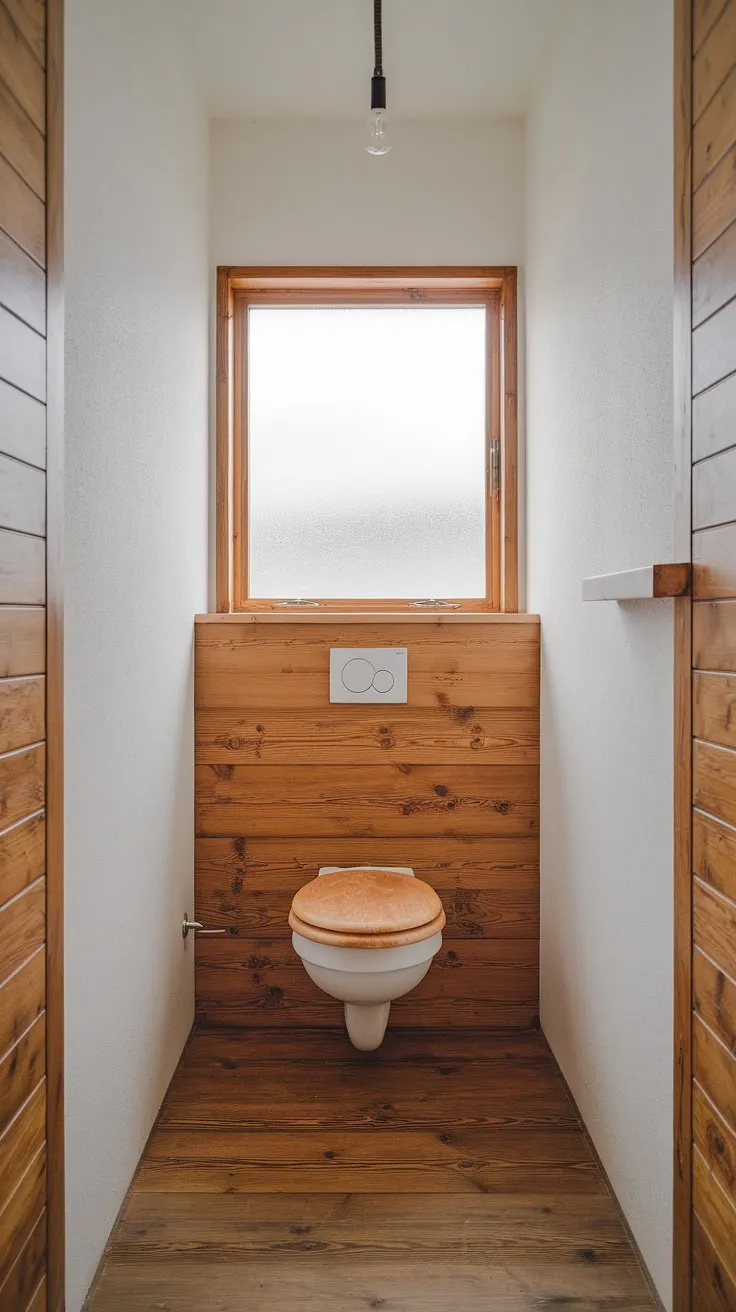 Clean lines and natural warmth define this Scandinavian-style bathroom. The wooden walls and floors, combined with the minimalist design, create a serene and inviting space. A simple wooden shelf above the toilet adds a touch of functionality, while the frosted glass window allows for soft, diffused light. This is the epitome of understated elegance.