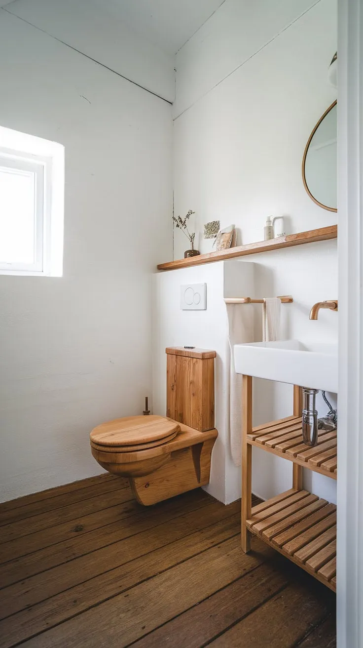 Simplicity and natural warmth meet in this Scandinavian-style bathroom. The wooden toilet, sink, and shelf create a calming, minimalist space, enhanced by the soft light filtering through the small window. A perfect blend of functionality and understated elegance.
