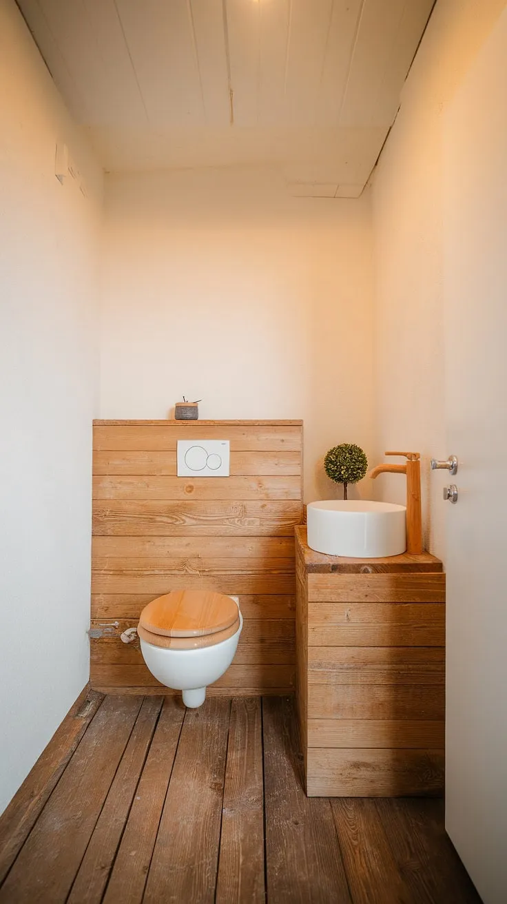 This Scandinavian-inspired bathroom is a sanctuary of calm. The natural wood elements, from the floor to the unique wooden toilet seat and shelf, create a warm and inviting atmosphere. A simple yet sophisticated design, the white fixtures and subtle plant add a touch of freshness to this tranquil space.