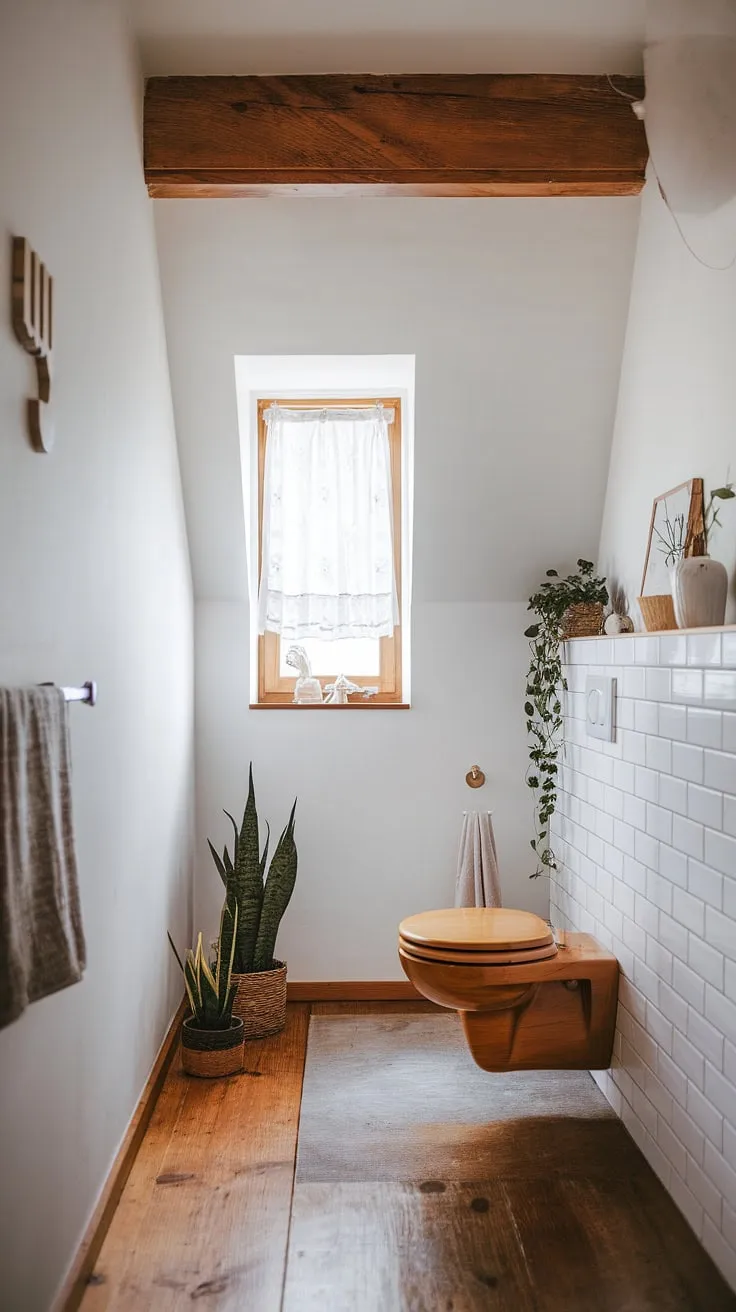 Rustic Scandinavian charm meets modern minimalism in this serene bathroom. The warmth of the wooden toilet and flooring contrasts beautifully with the crisp white walls, creating a space of understated elegance and tranquility. A perfect blend of nature and design.
