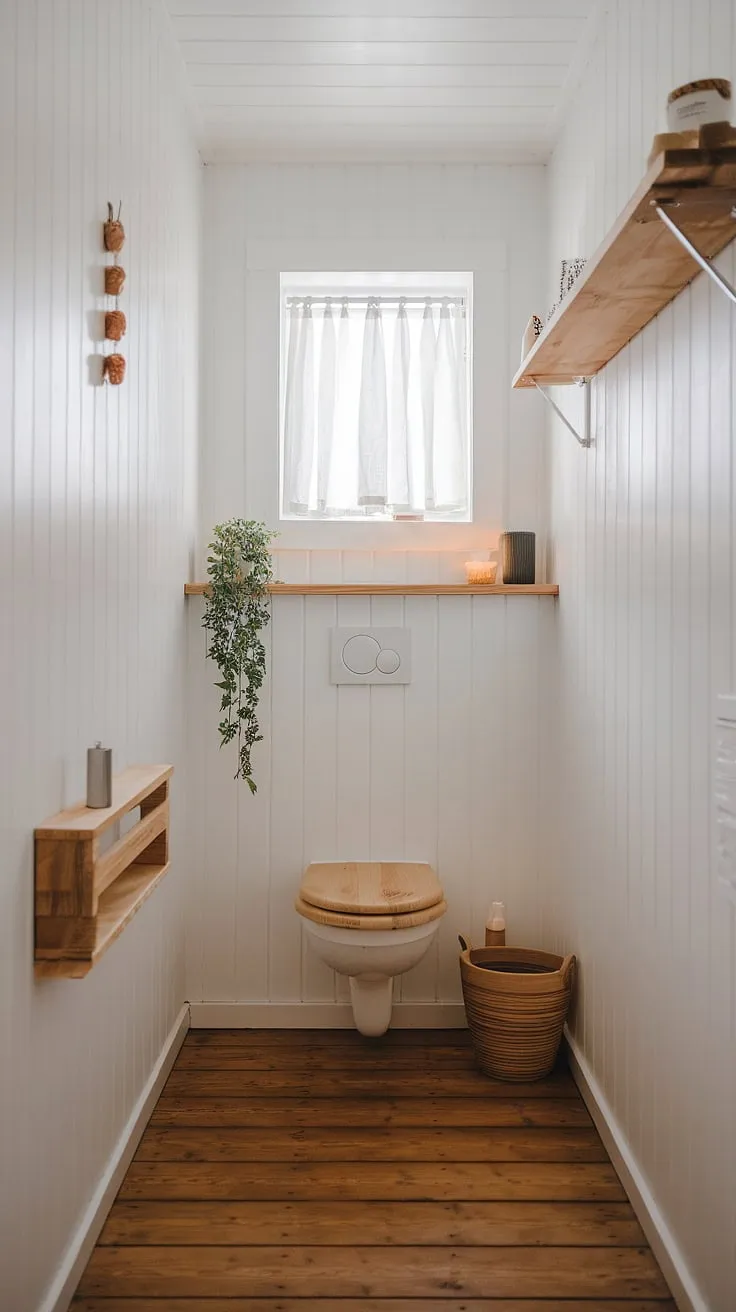 Simplicity and warmth meet in this Scandinavian-style bathroom. The natural wood of the toilet and shelving, complemented by the minimalist design and soft light filtering through the window, create a serene and inviting atmosphere. A perfect blend of functionality and understated elegance.