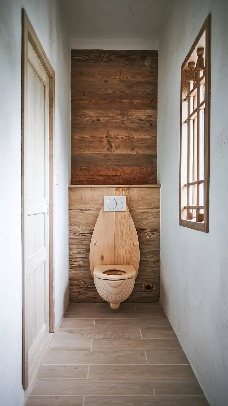 Rustic charm meets modern minimalism in this Scandinavian-inspired bathroom. The unique oval toilet, crafted from wood, is a stunning centerpiece, perfectly complementing the textured wooden walls and light wood flooring. A small wooden shelf provides practical storage, enhancing the overall sense of calm and serenity. The natural light streaming through the window adds to the inviting atmosphere.