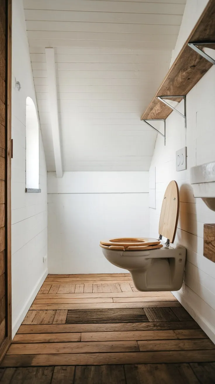 Find your sanctuary in this minimalist bathroom. The natural wood tones, floating toilet, and a carefully curated details evoke a sense of calm and understated luxury, reminiscent of a cozy cabin escape.