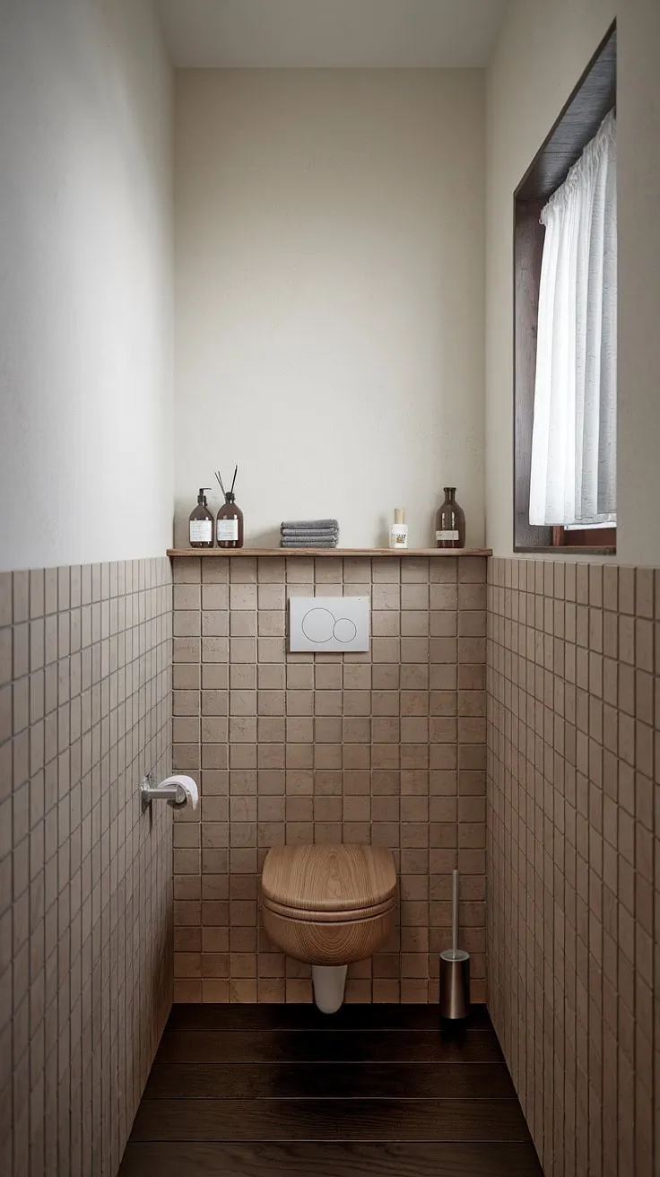 A haven of tranquility awaits. This Scandinavian-inspired bathroom, with its wooden features and soft lighting, offers a peaceful escape. The simple design, featuring a wooden toilet and shelf, speaks volumes about understated luxury. A true testament to mindful living.