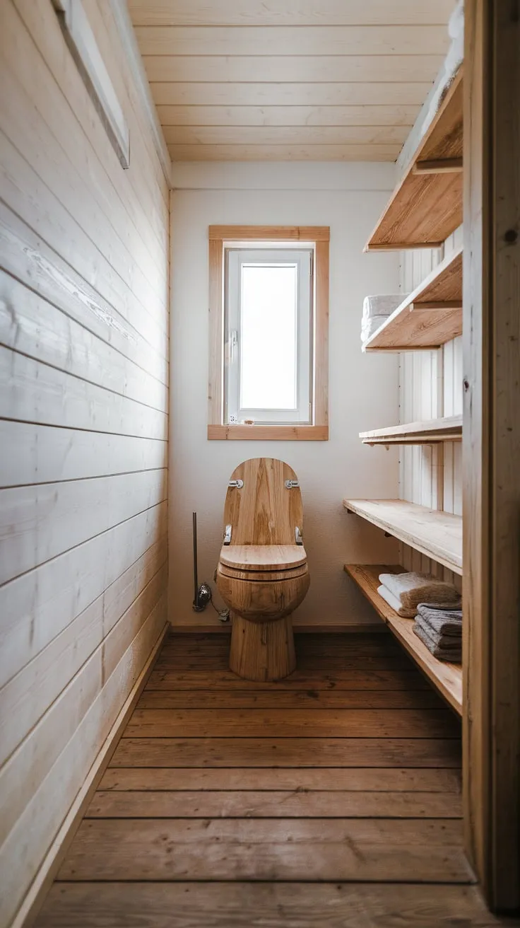 A thoughtfully designed Scandinavian bathroom, showcasing the beauty of natural wood. The rustic charm is undeniable, from the wooden toilet and shelves to the warm-toned walls and floors. A small window lets in soft light, completing this peaceful and functional space. A true haven for relaxation.