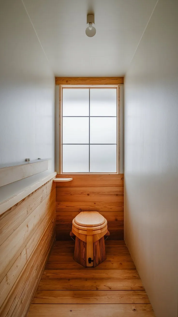 A sanctuary of calm. Natural wood and minimalist design create a serene escape in this Scandinavian-style bathroom, where even the toilet enjoys a private alcove with a frosted glass window letting in soft, diffused light. The simple wooden shelf adds a touch of warmth.