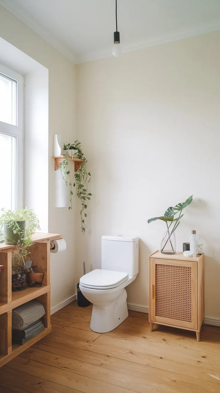 Clean lines and natural materials create a calming sanctuary in this minimalist bathroom. The pale walls, wooden shelving, and strategically placed plant offer a sense of airy spaciousness. A testament to the beauty of less.