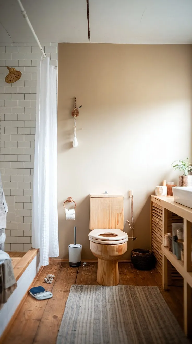 Soft light filters through the linen curtain, illuminating the serene simplicity of this Scandinavian-inspired bathroom. The warmth of the wooden toilet and floor contrasts beautifully with the crisp white shower, creating a sanctuary of calm. A few personal touches scattered on the floor add a lived-in feel, completing this haven of understated elegance.