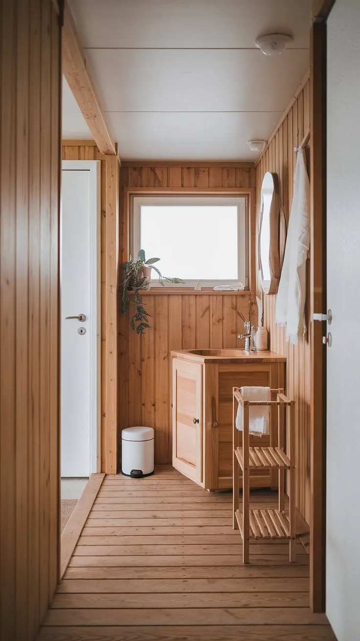 Escape to this tranquil Scandinavian-inspired bathroom. The simple wooden vanity, towel rack, and subtle white accents combine to create a haven of peace and quiet. A truly restorative space for body and mind.