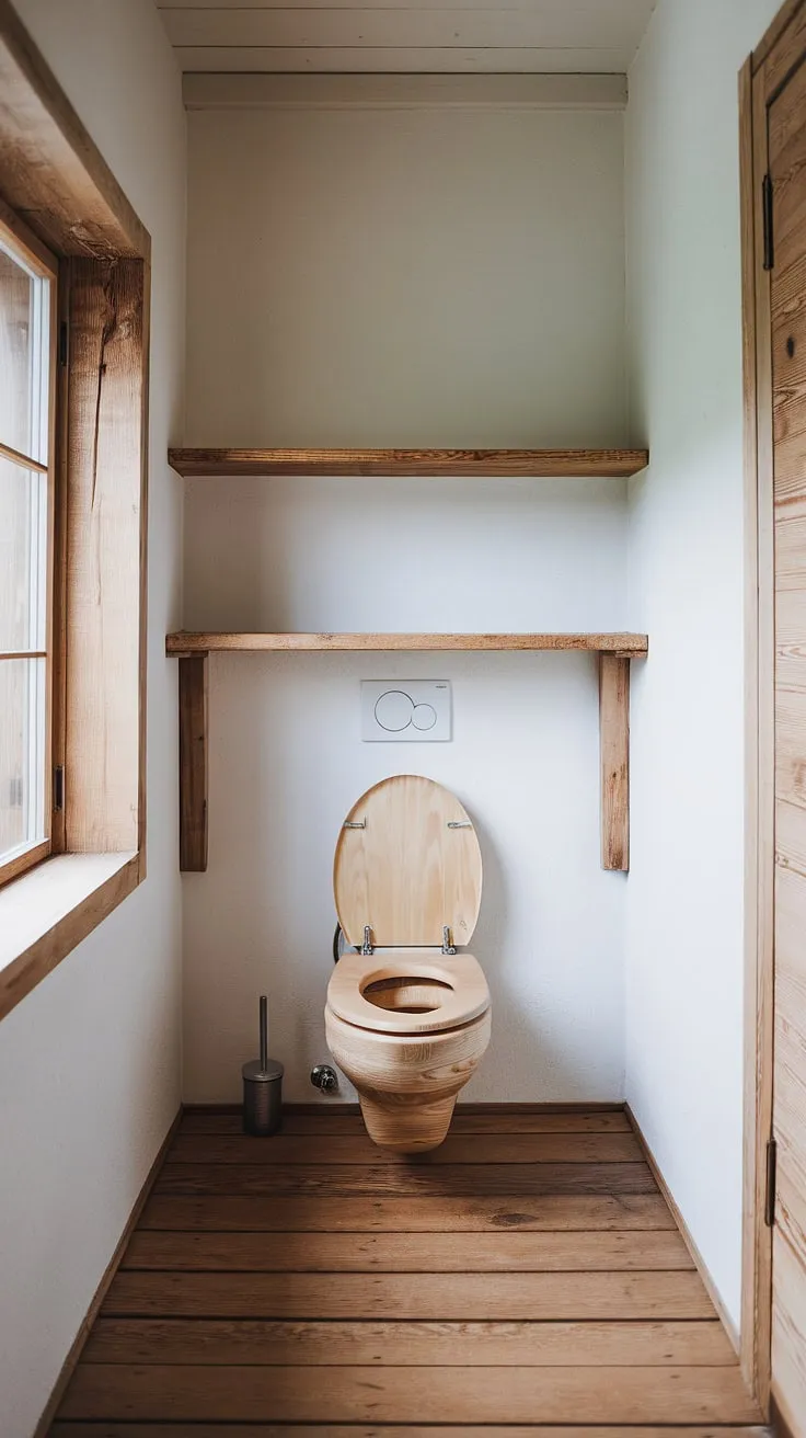 Rustic charm meets modern minimalism in this Scandinavian-inspired bathroom. The natural wood tones, from the toilet to the window frame, create a serene and inviting atmosphere. A simple shelf provides functional storage, completing the understated elegance.