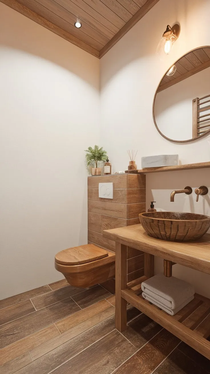 Escape to this minimalist haven. The rustic charm of the wooden toilet, sink, and shelving blends seamlessly with the clean lines of the Scandinavian design. A peaceful sanctuary where natural materials and soft light create a sense of serenity.